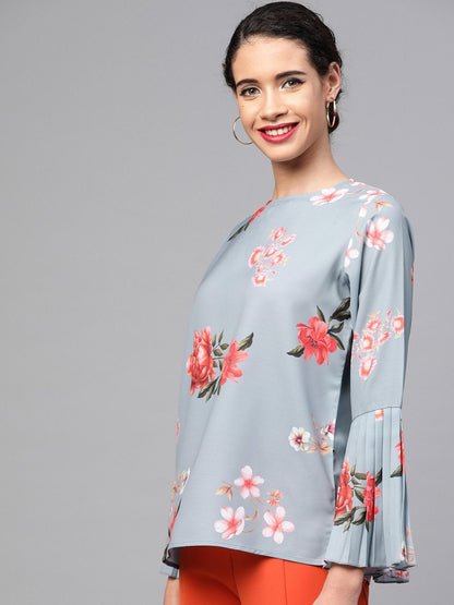 Women's Steel Blue Floral Pleated Sleeve Hem Top