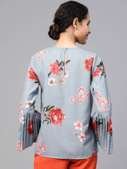 Women's Steel Blue Floral Pleated Sleeve Hem Top