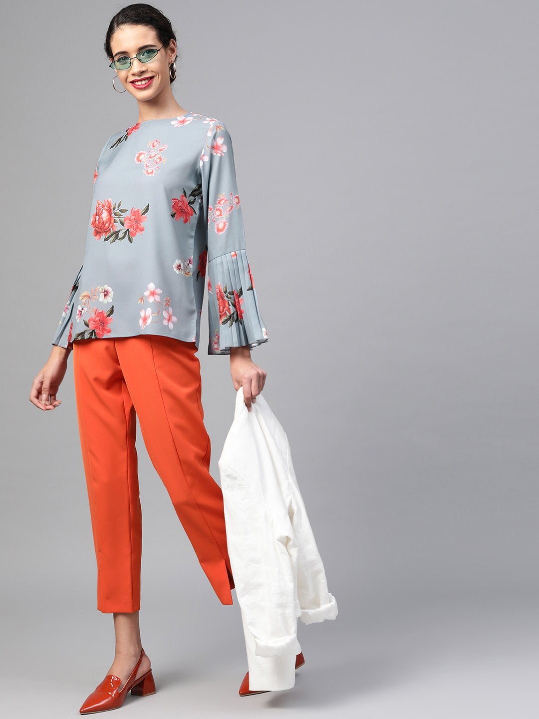 Women's Steel Blue Floral Pleated Sleeve Hem Top