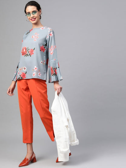 Women's Steel Blue Floral Pleated Sleeve Hem Top