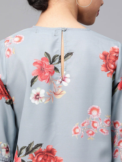 Women's Steel Blue Floral Pleated Sleeve Hem Top