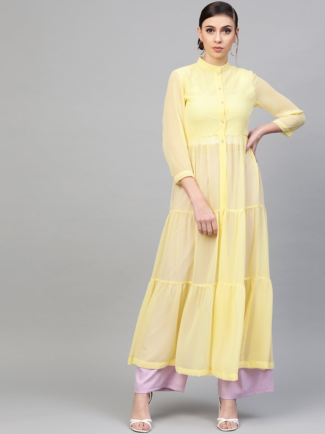 Women's Lemon Front Open Sheer Tiered Maxi Top
