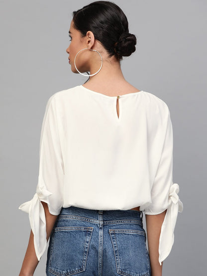 Women's Off-White Sleeve Tie-Up Crop Top
