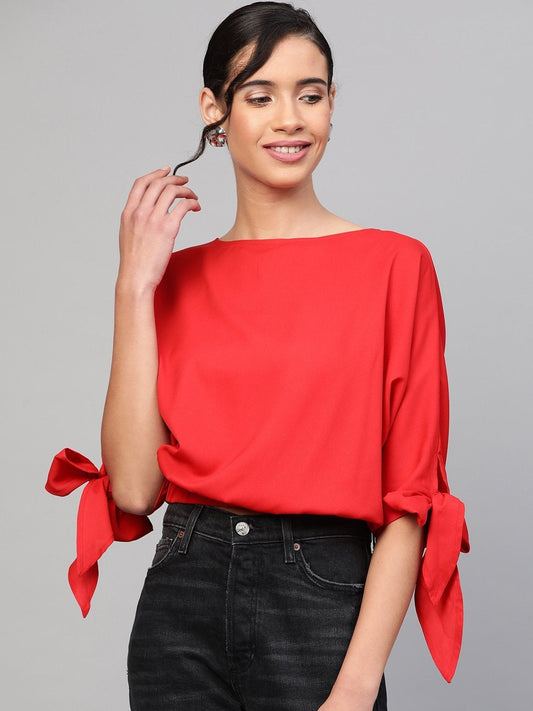 Women's Red Sleeve Tie-Up Crop Top