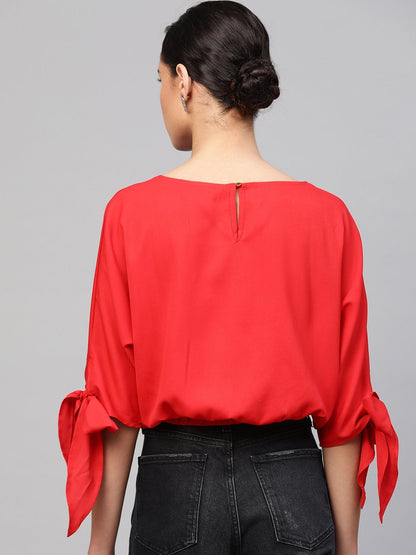 Women's Red Sleeve Tie-Up Crop Top