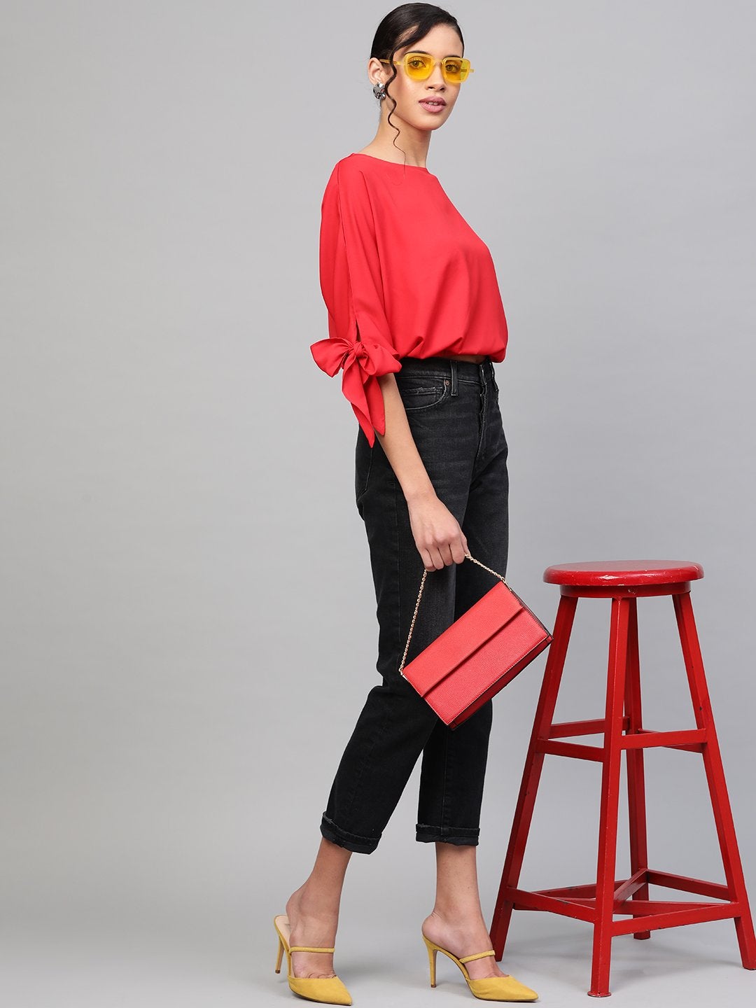 Women's Red Sleeve Tie-Up Crop Top
