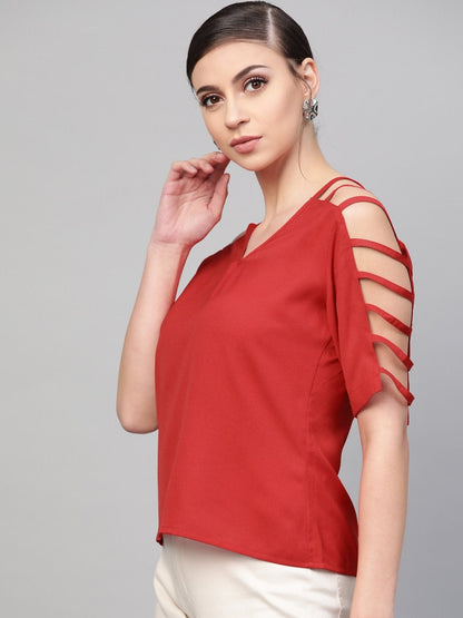 Women's Red Strappy Sleeve Top