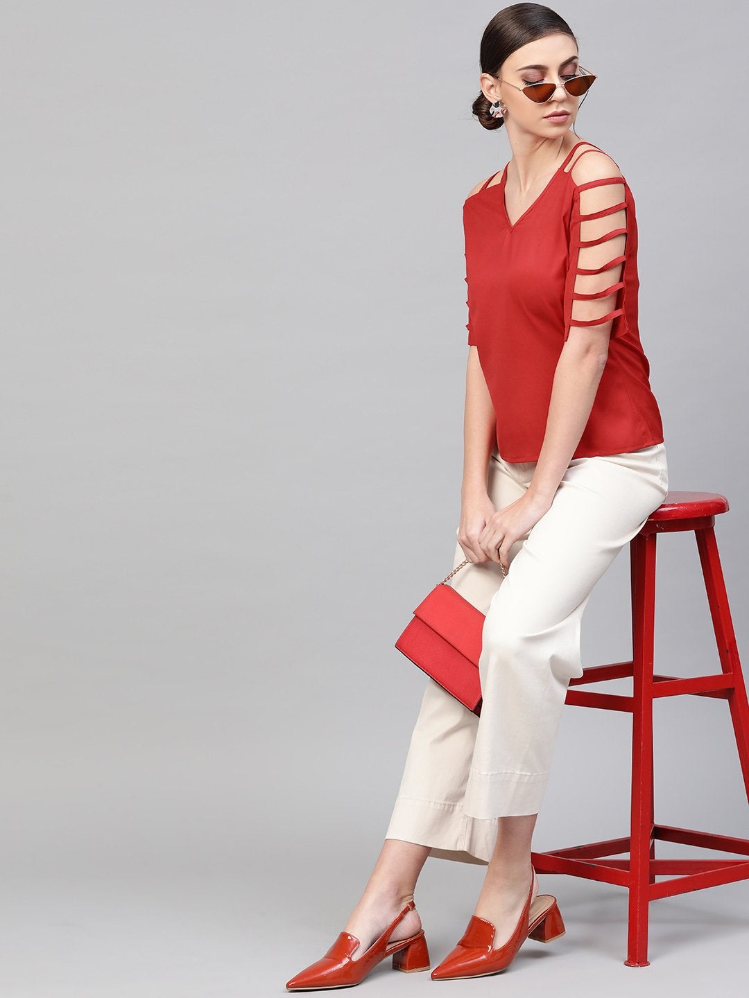 Women's Red Strappy Sleeve Top