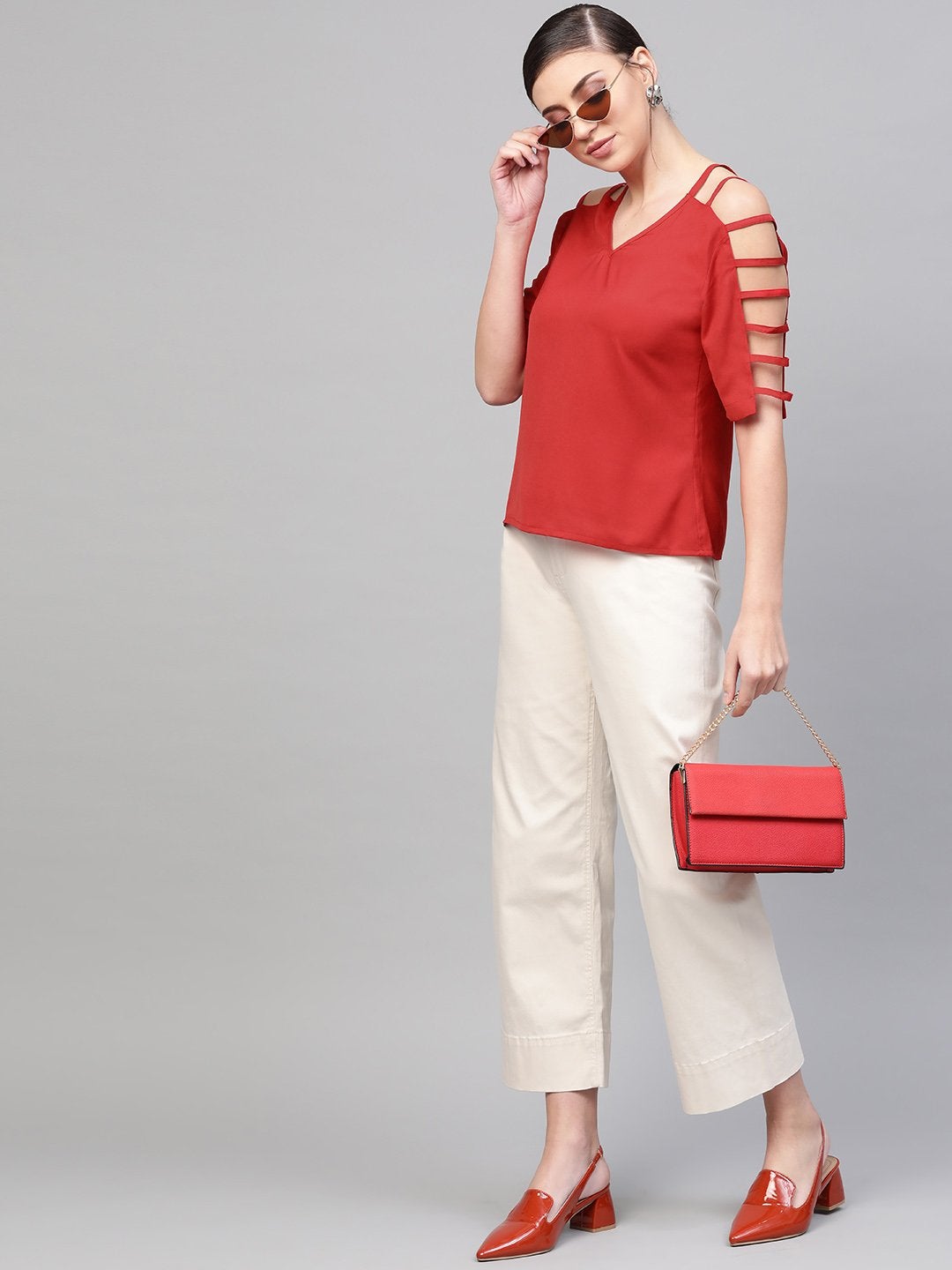 Women's Red Strappy Sleeve Top