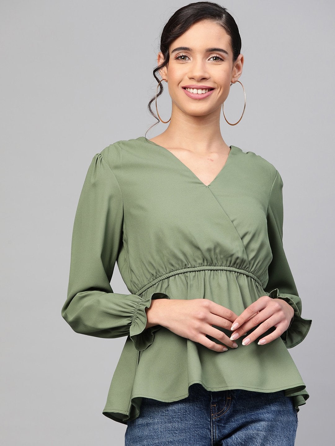 Women's Olive Wrap Peplum Top