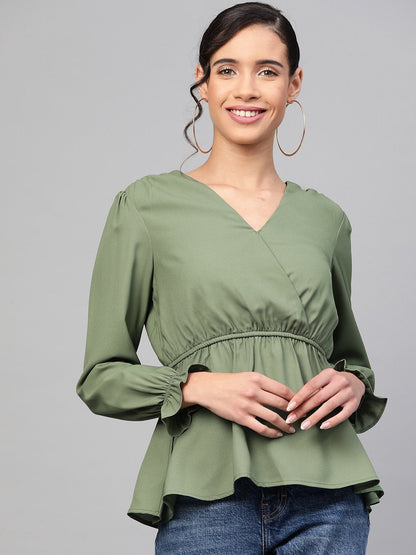 Women's Olive Wrap Peplum Top