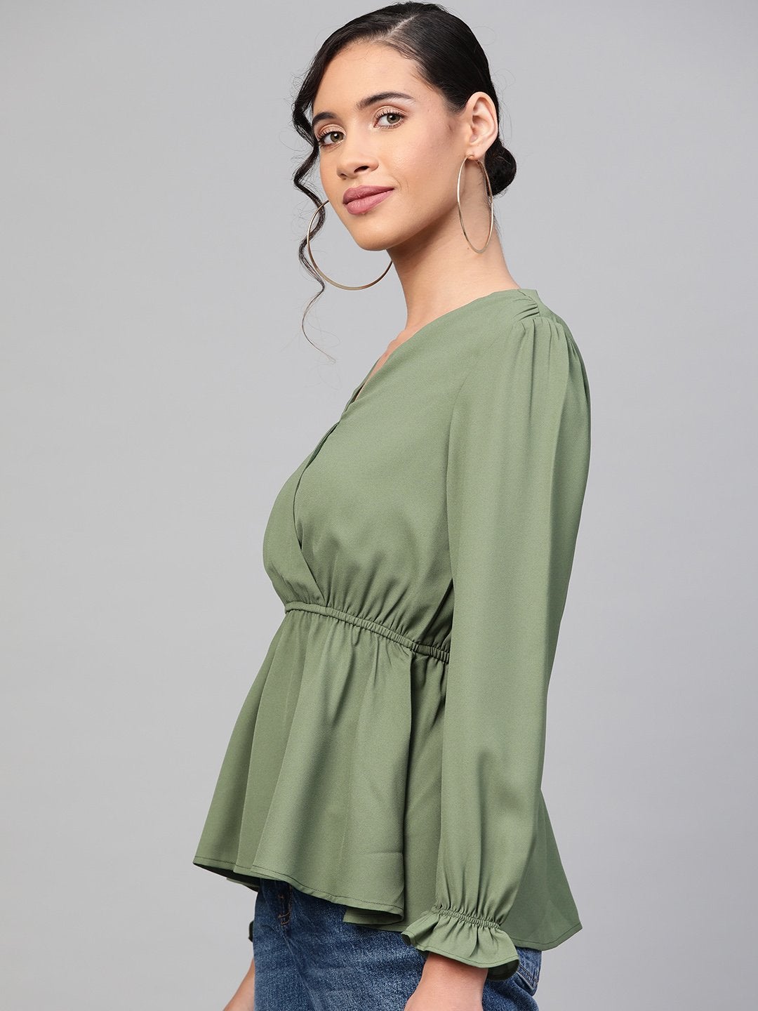 Women's Olive Wrap Peplum Top