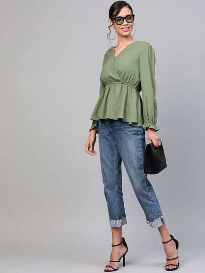 Women's Olive Wrap Peplum Top
