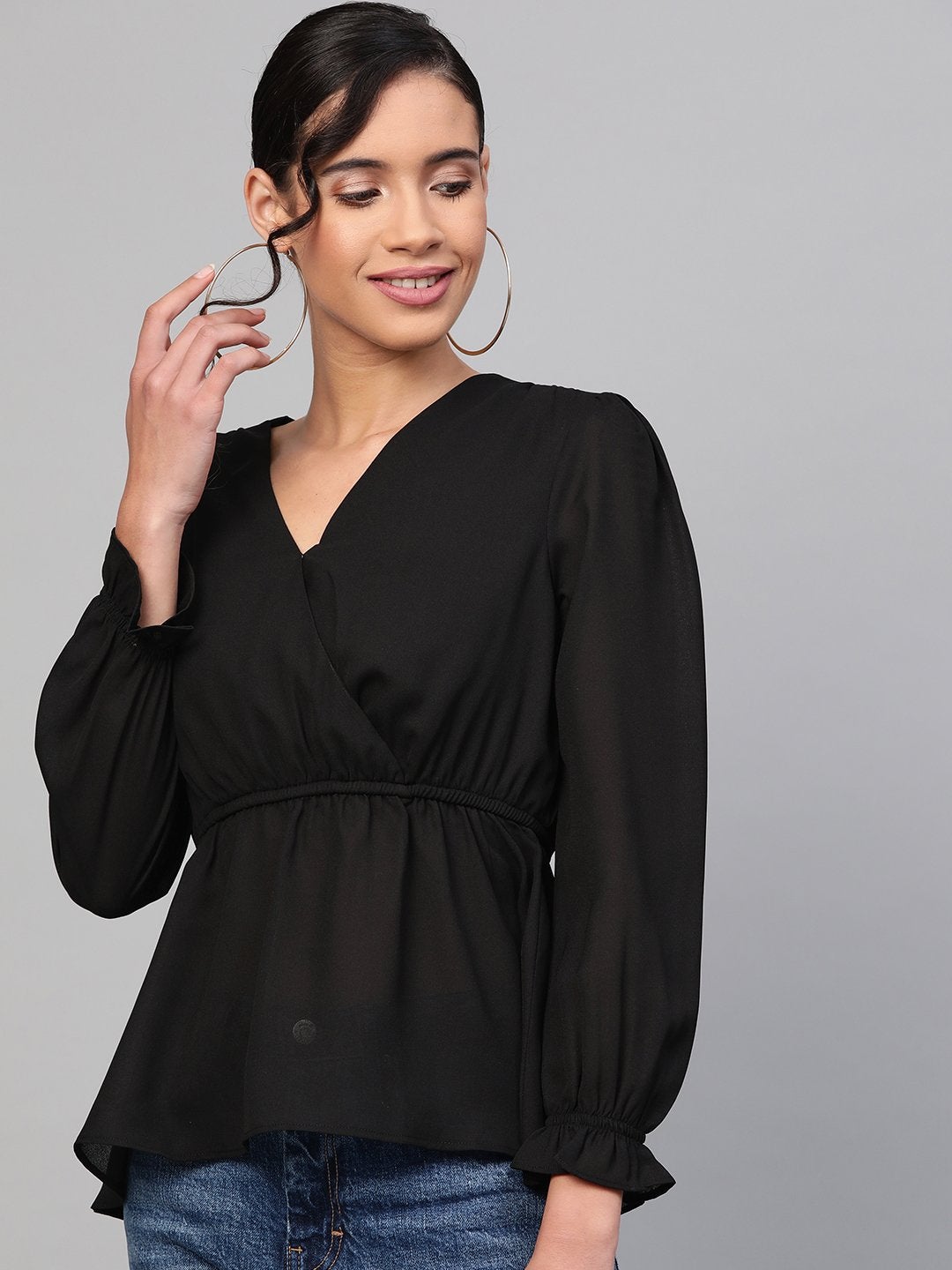 Women's Black Wrap Peplum Top