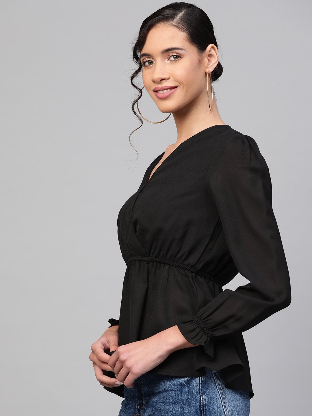 Women's Black Wrap Peplum Top