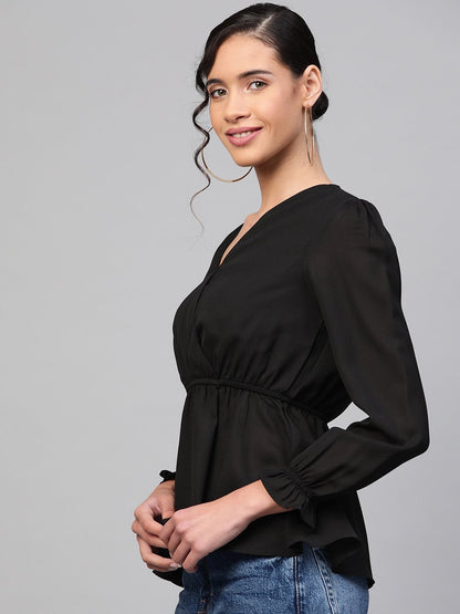 Women's Black Wrap Peplum Top