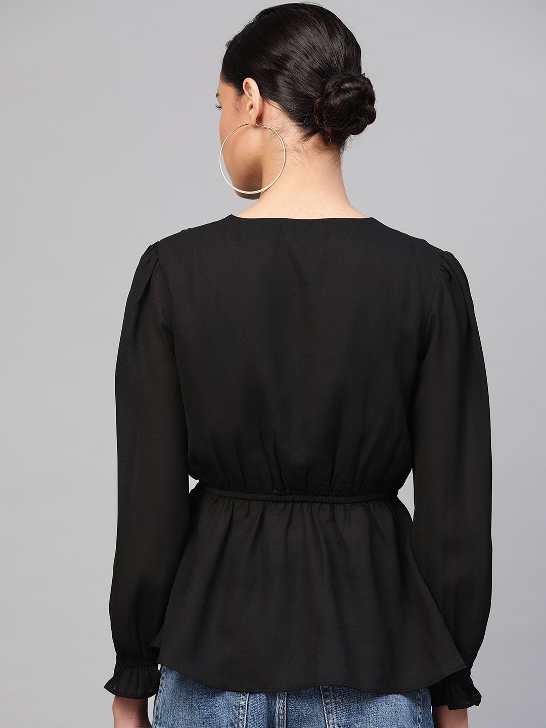 Women's Black Wrap Peplum Top