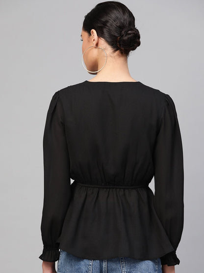 Women's Black Wrap Peplum Top