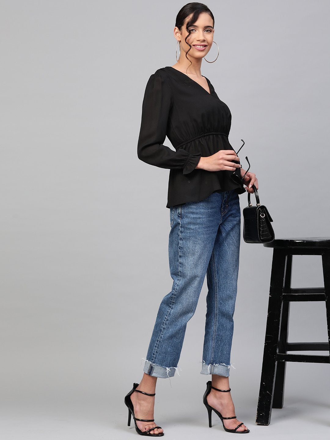 Women's Black Wrap Peplum Top