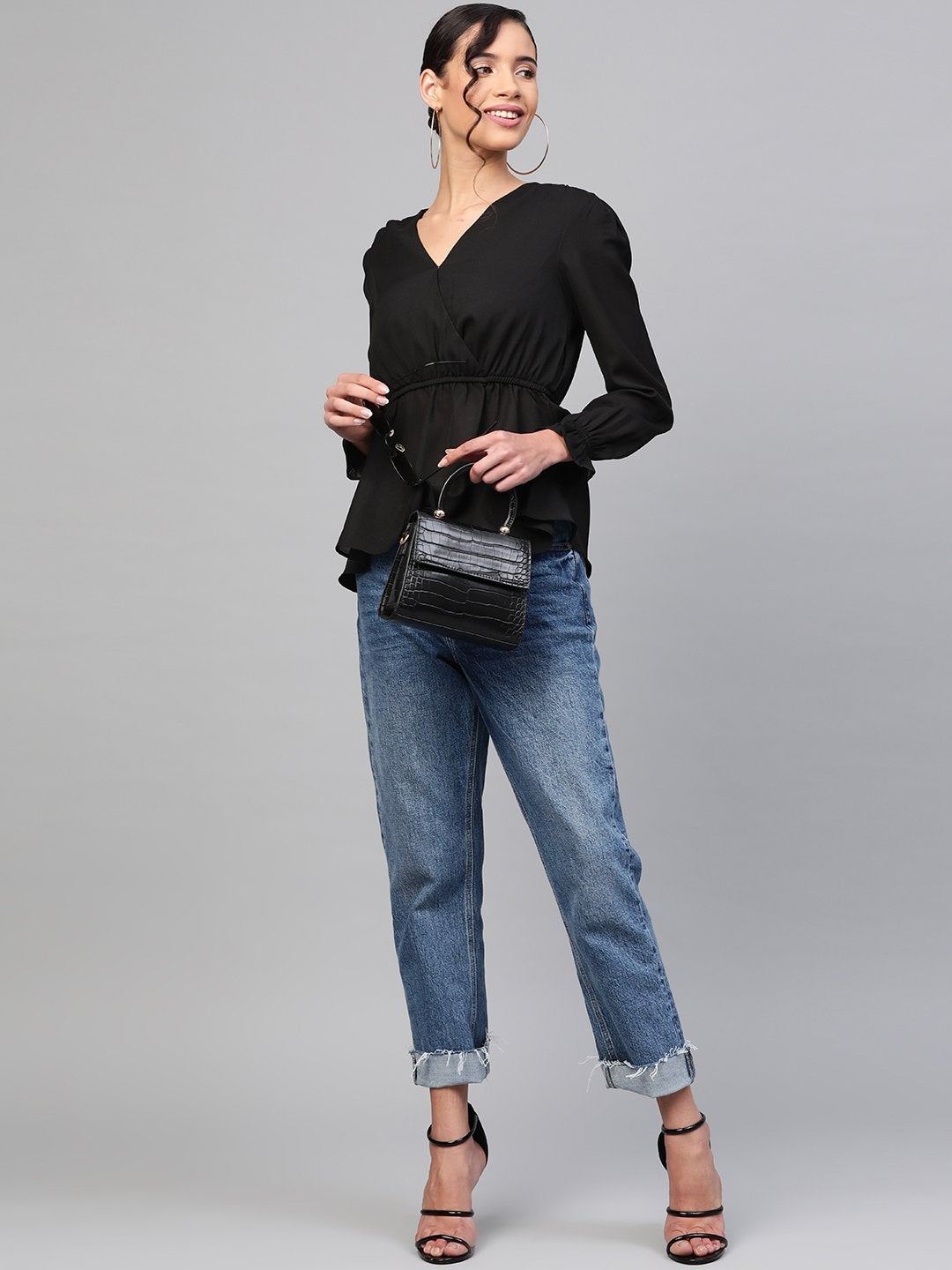 Women's Black Wrap Peplum Top