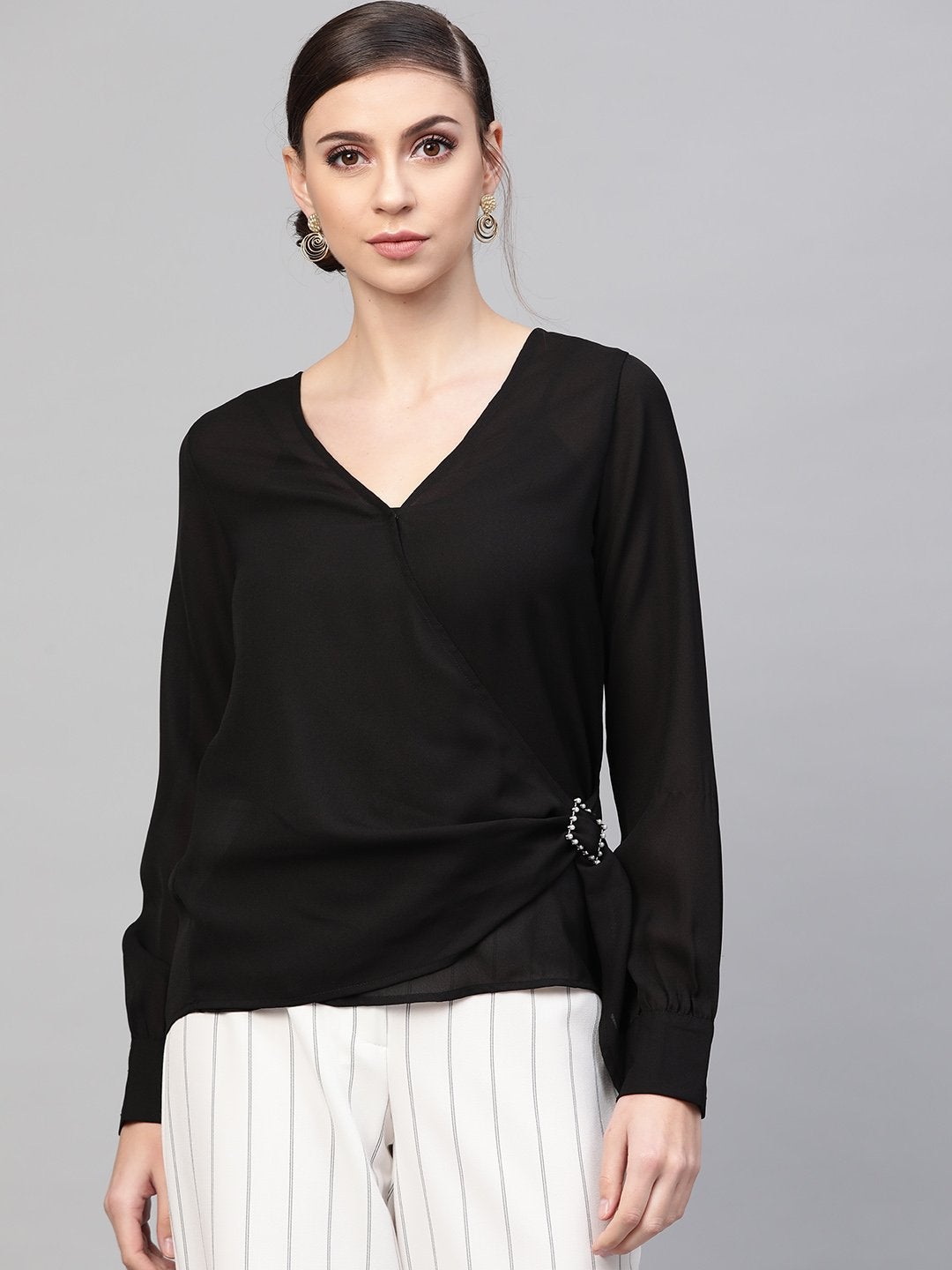 Women's Black Wrap Detail Top