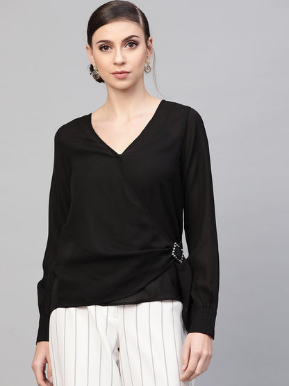 Women's Black Wrap Detail Top
