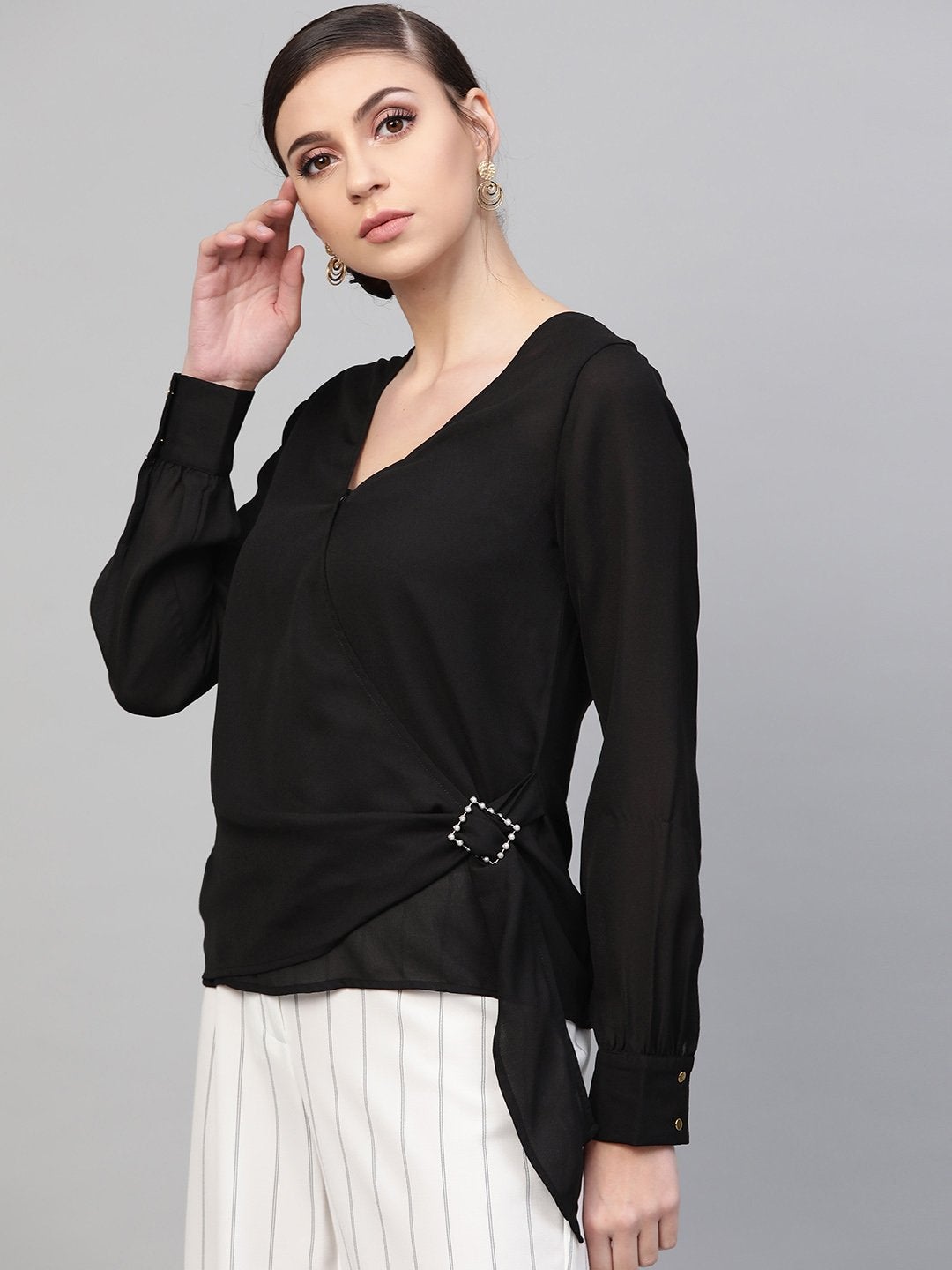 Women's Black Wrap Detail Top