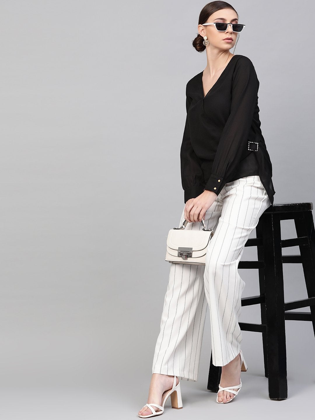 Women's Black Wrap Detail Top