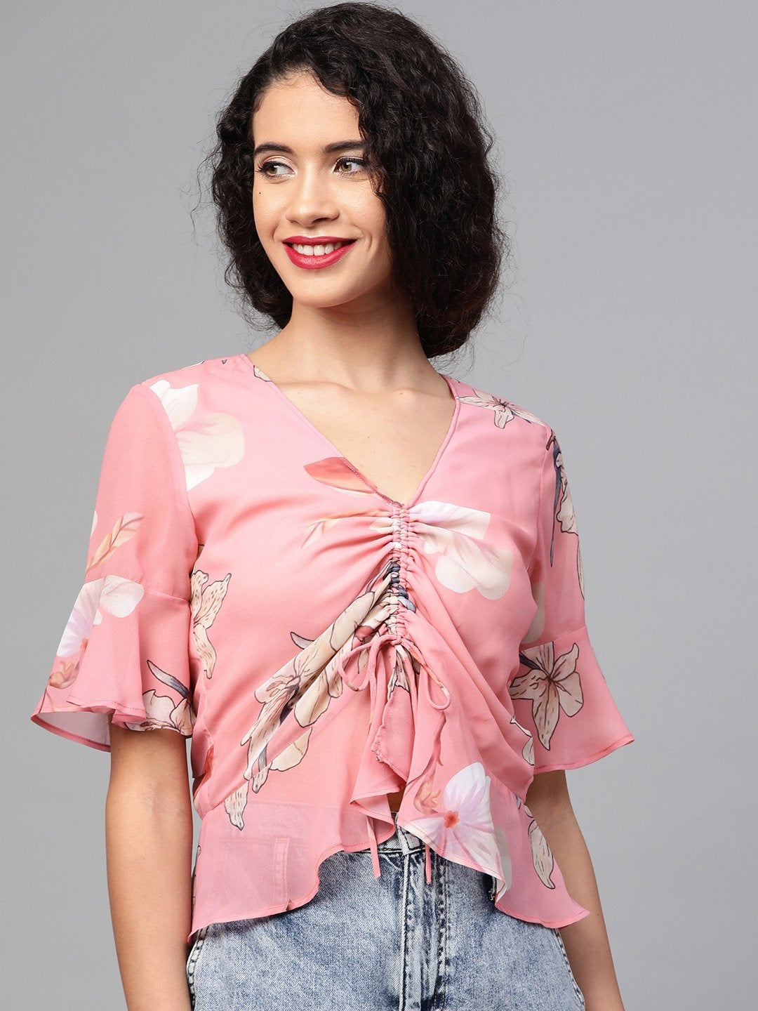 Women's Rose Pink Floral Front Rouched Top