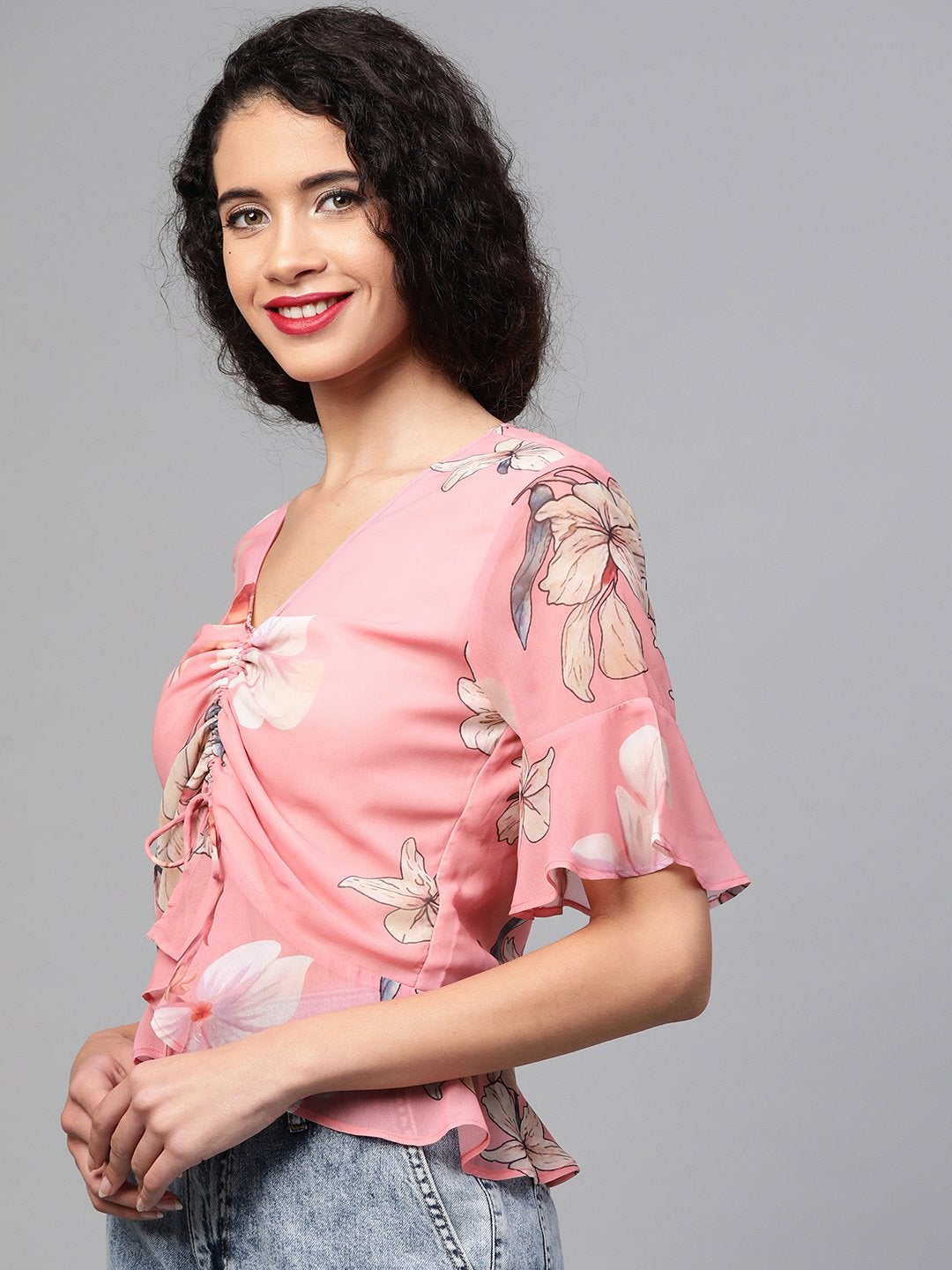 Women's Rose Pink Floral Front Rouched Top