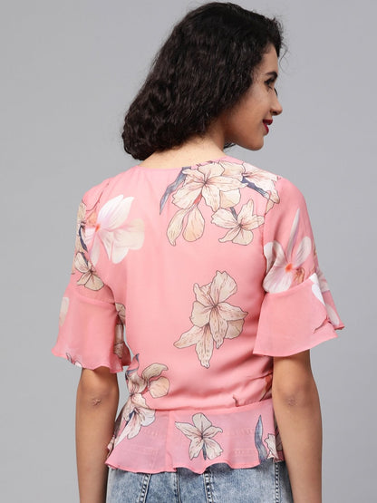Women's Rose Pink Floral Front Rouched Top