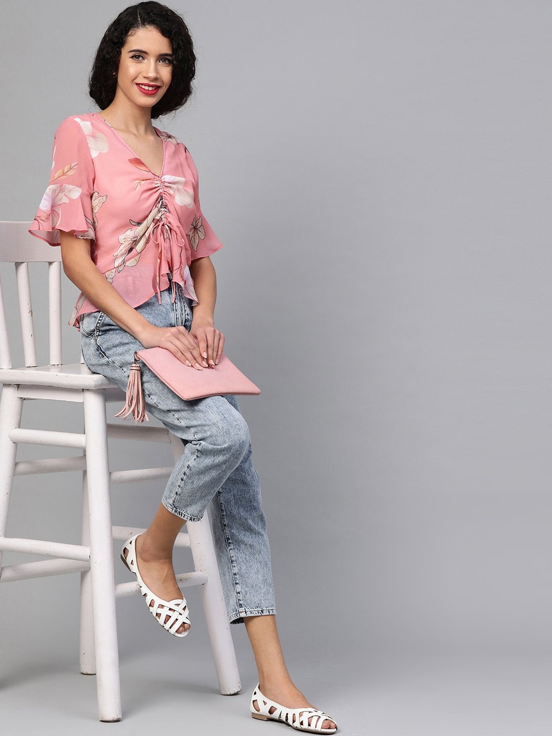 Women's Rose Pink Floral Front Rouched Top
