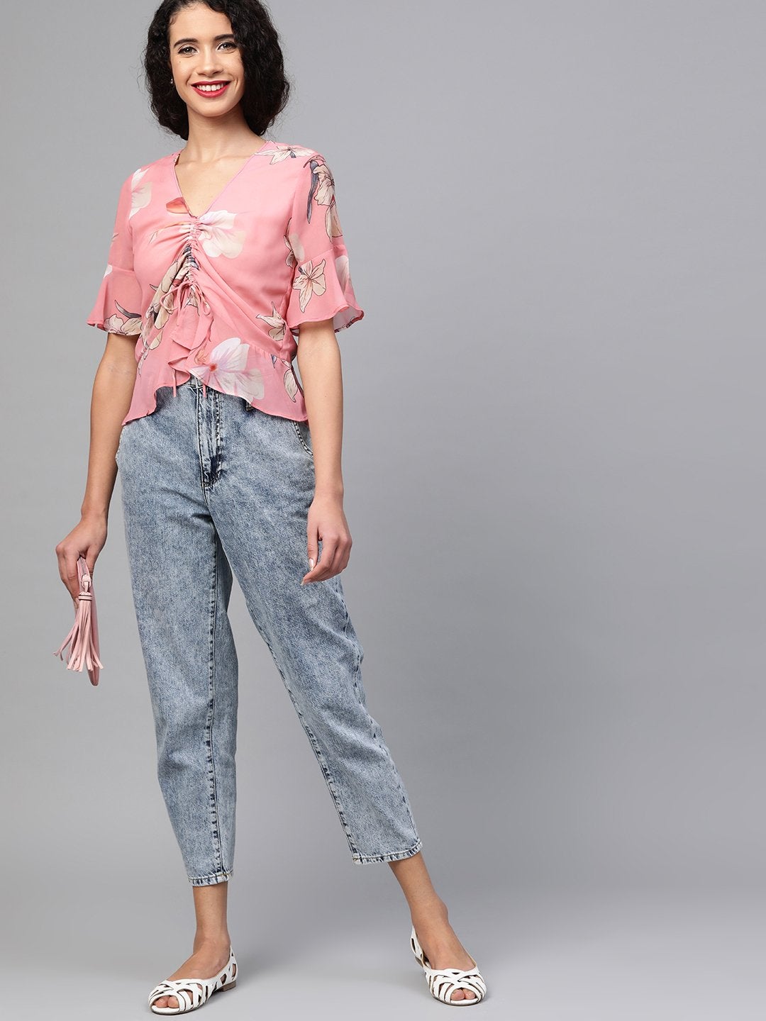 Women's Rose Pink Floral Front Rouched Top
