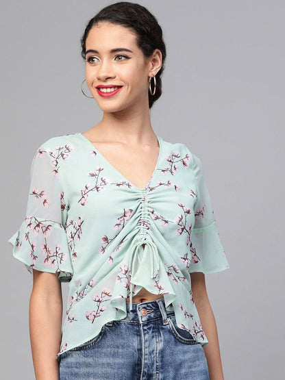 Women's Sea Green Floral Front Rouched Top