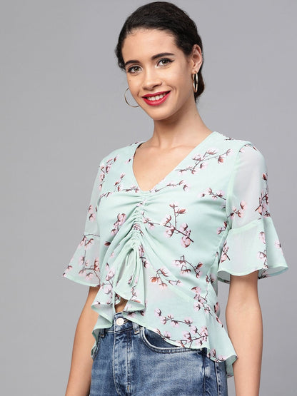 Women's Sea Green Floral Front Rouched Top
