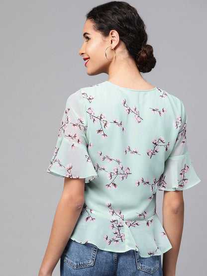 Women's Sea Green Floral Front Rouched Top