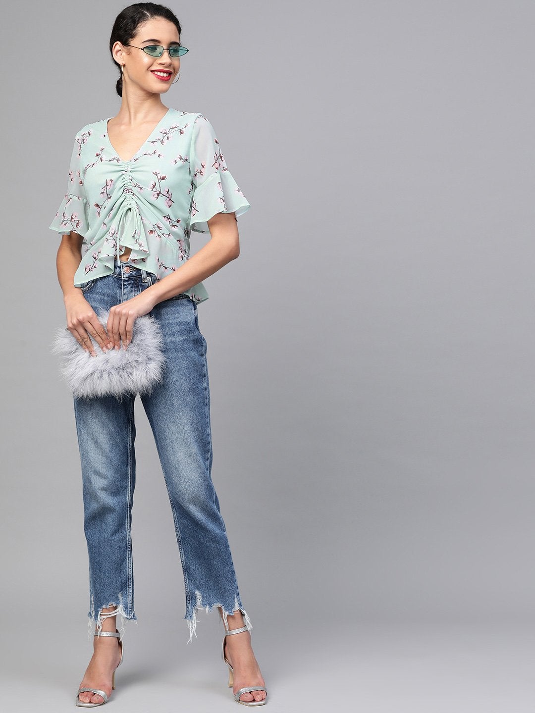 Women's Sea Green Floral Front Rouched Top