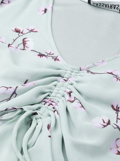 Women's Sea Green Floral Front Rouched Top