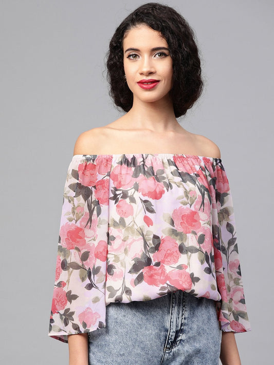 Women's Beige Floral Off Shoulder Crop Top