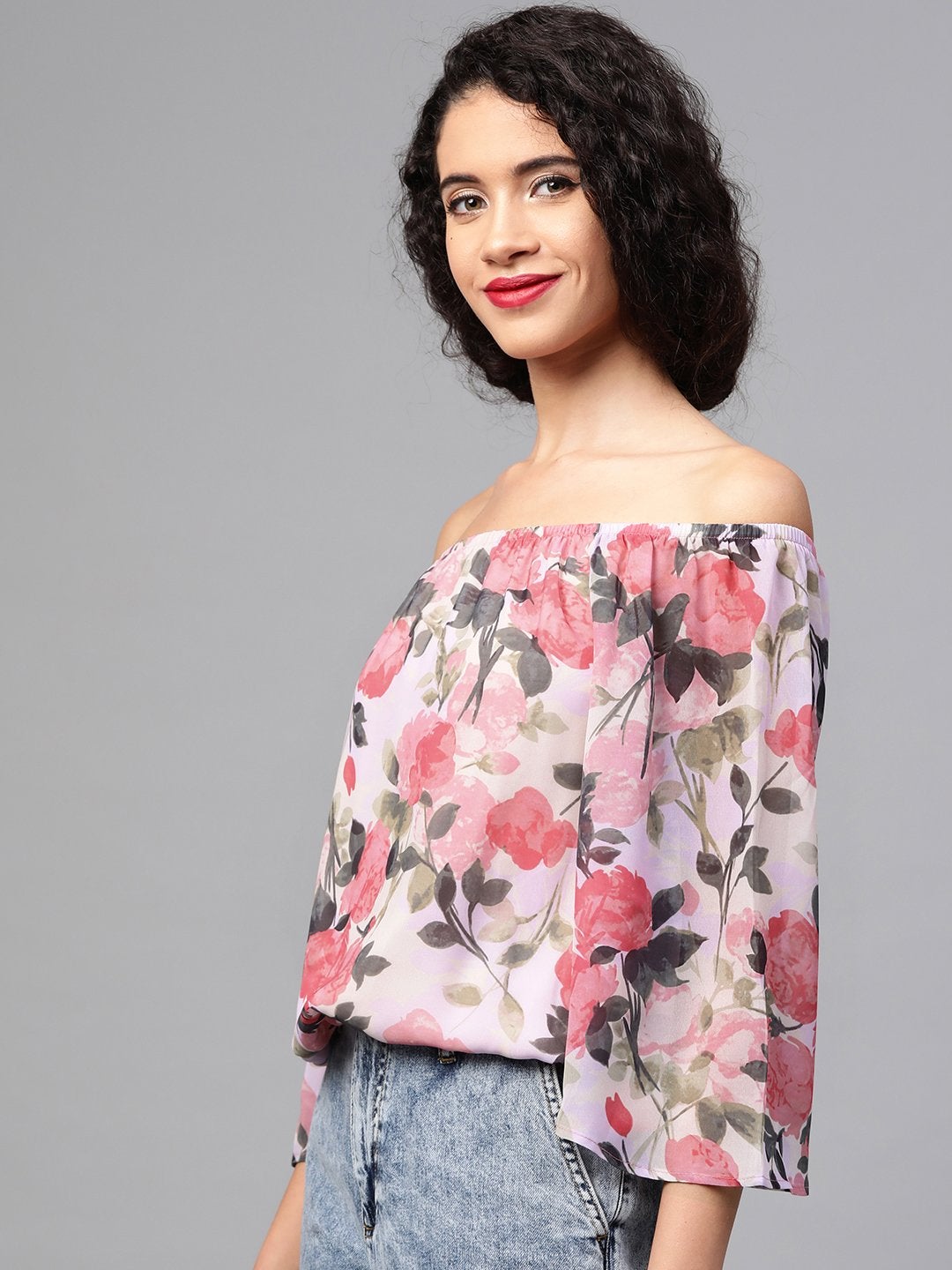 Women's Beige Floral Off Shoulder Crop Top