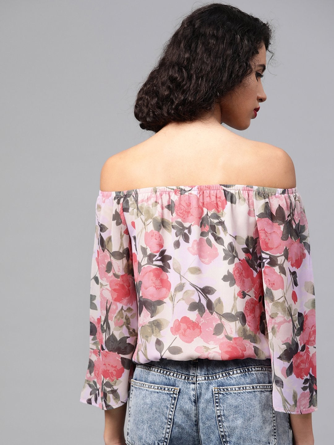 Women's Beige Floral Off Shoulder Crop Top