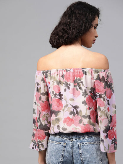 Women's Beige Floral Off Shoulder Crop Top