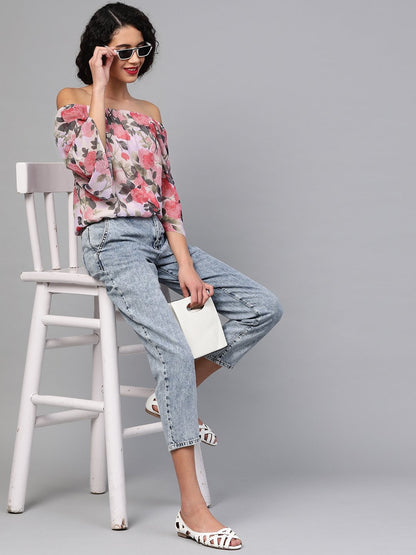 Women's Beige Floral Off Shoulder Crop Top