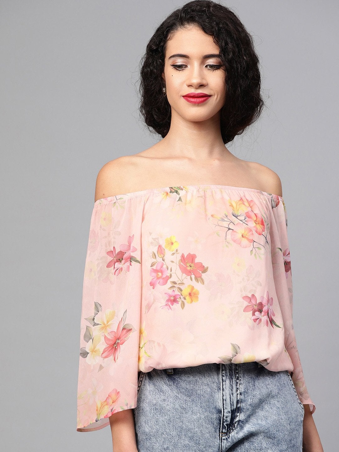Women's Peach Floral Off Shoulder Crop Top