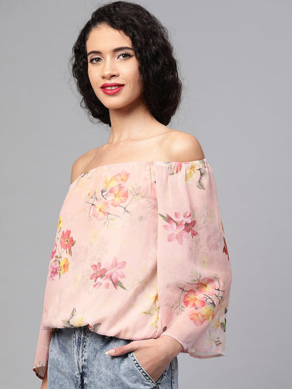 Women's Peach Floral Off Shoulder Crop Top