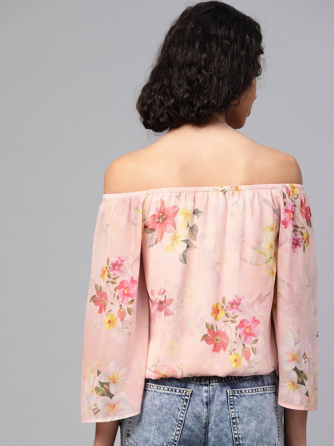 Women's Peach Floral Off Shoulder Crop Top