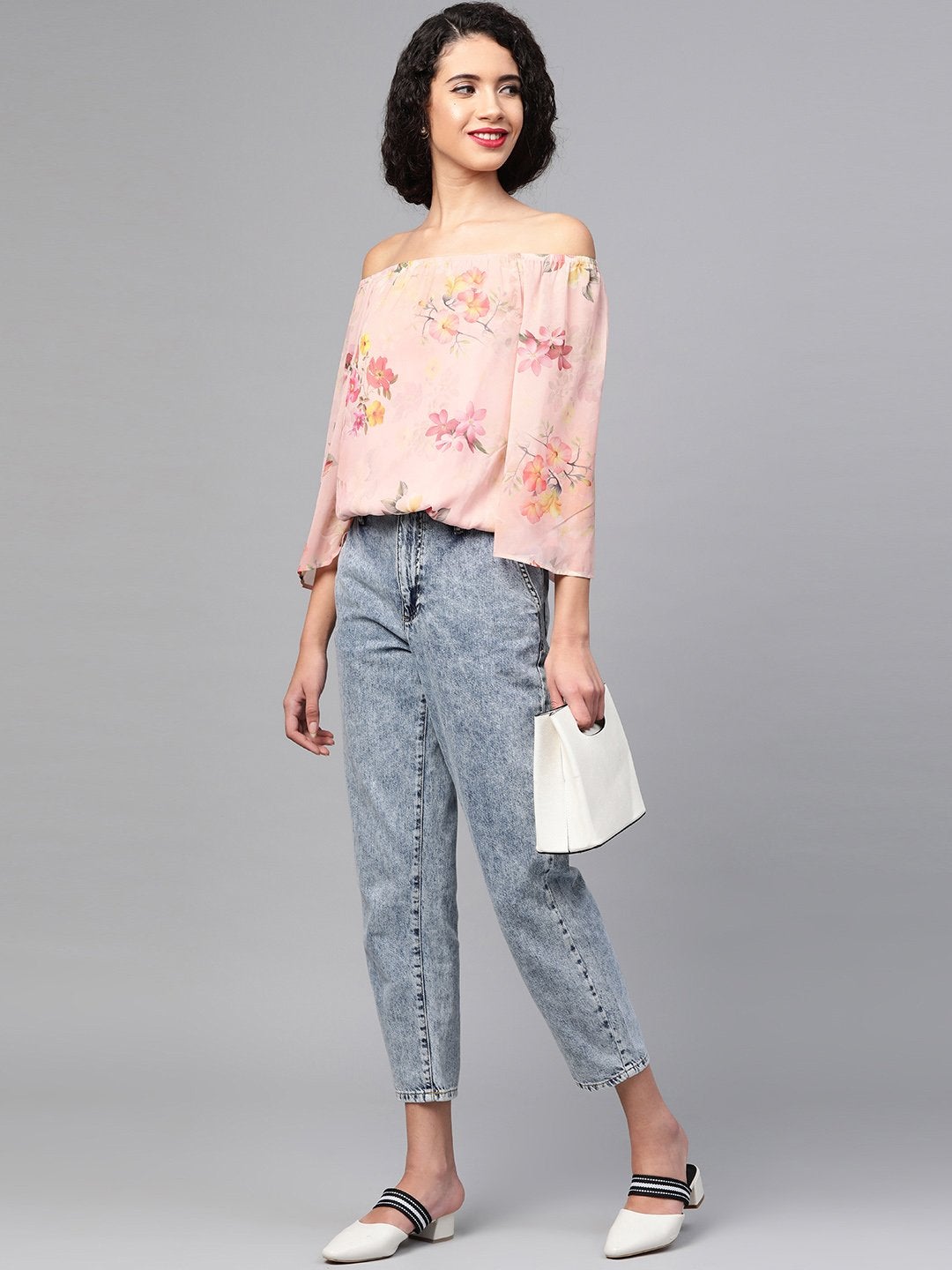 Women's Peach Floral Off Shoulder Crop Top