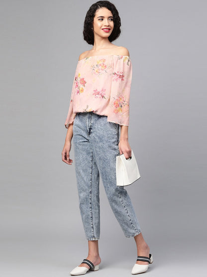 Women's Peach Floral Off Shoulder Crop Top
