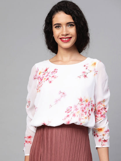 Women's Off-White Floral Rouched Sleeves Crop Top
