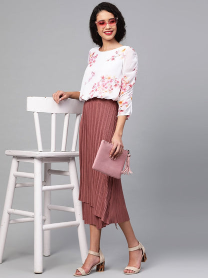 Women's Off-White Floral Rouched Sleeves Crop Top